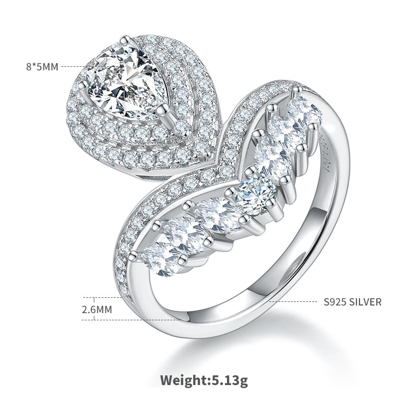 1.0 CT D Color Colored Moissanite V-Shaped Pearl Pear Drop Ring in White Gold Plated Sterling Silver#4