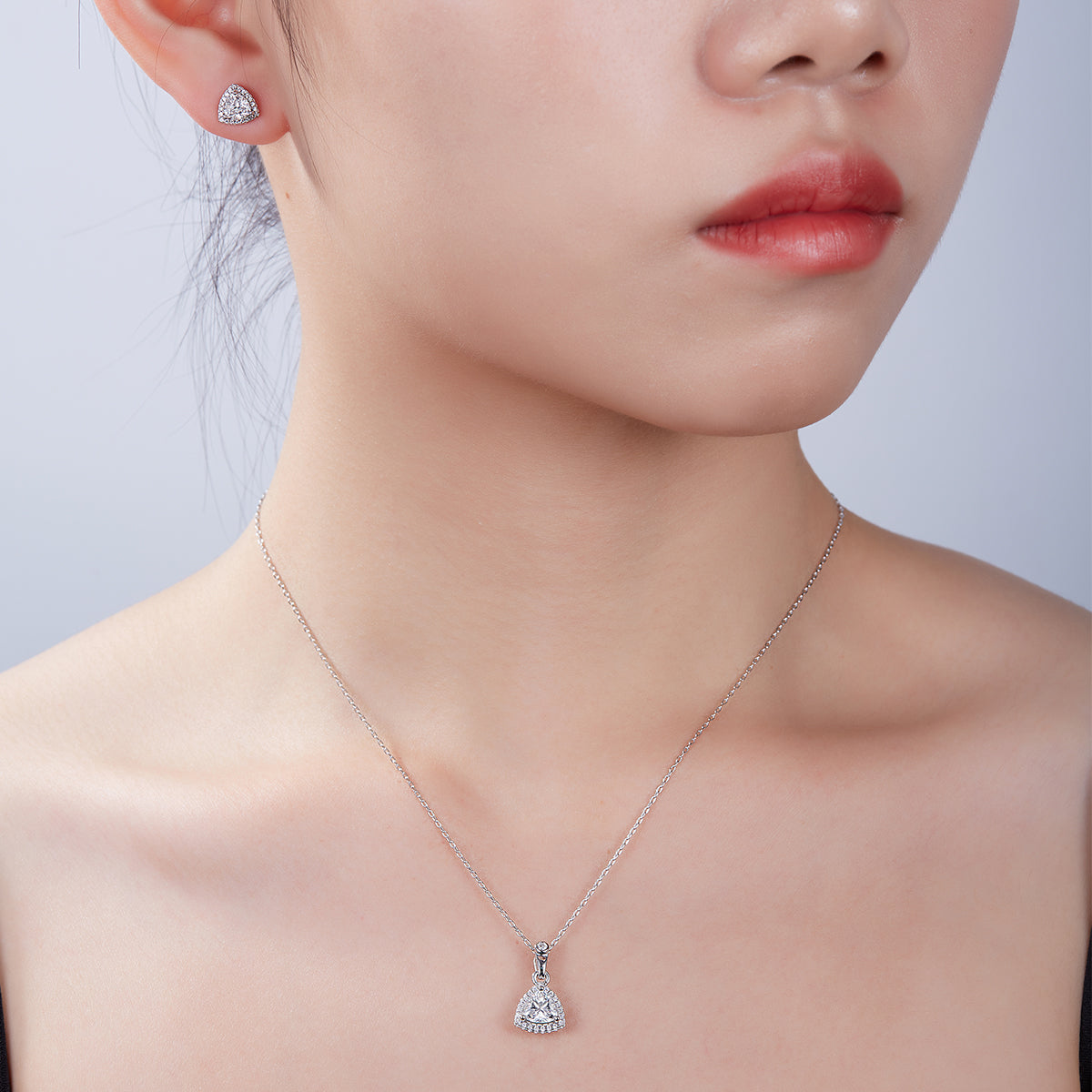 Trillion Cut Moissanite Dainty Pendant & Stud Earrings Set in White Gold Plated Sterling Silver#10