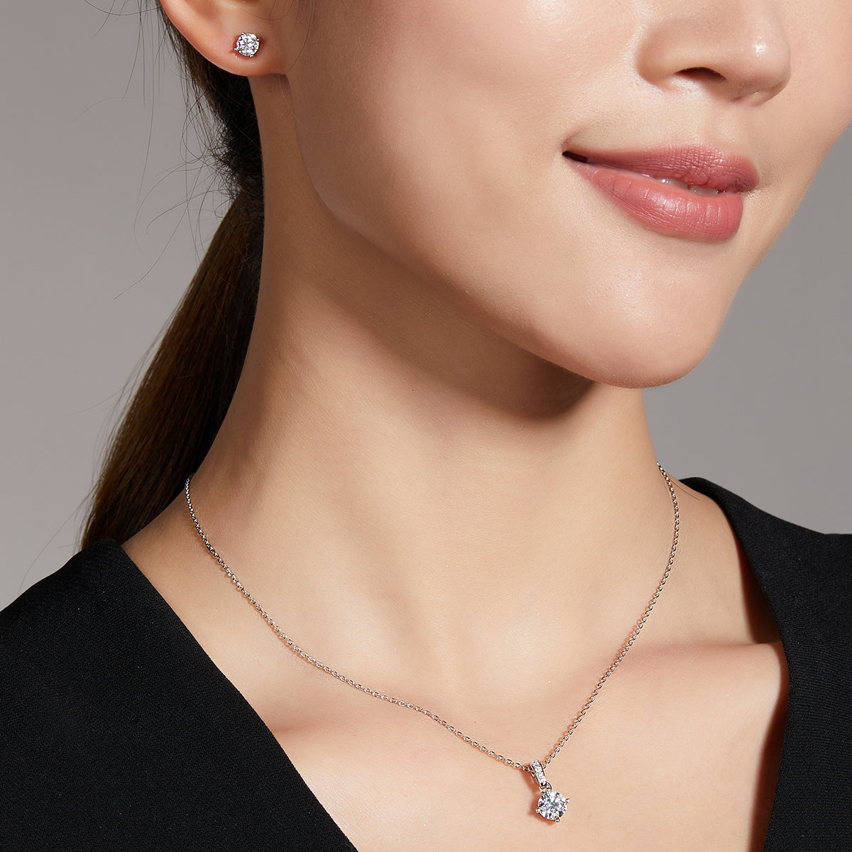 Moissanite Classic 4-Prong Pendant & Stud Earrings Set in White Gold Plated Sterling Silver#7