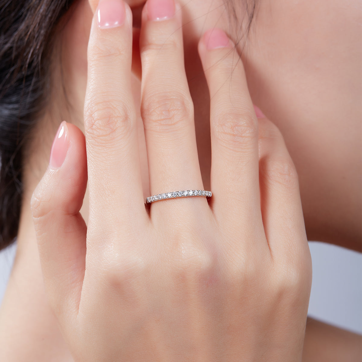 0.33 CT D Color Moissanite Melee Straight Row Ring Guard in White Gold Plated Sterling Silver#7