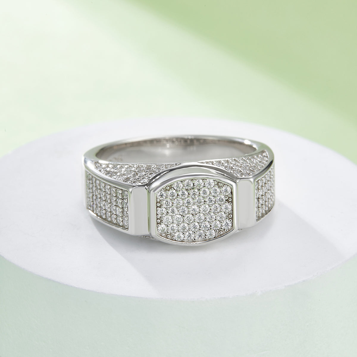0.95 CT D Color Moissanite Melee Halo Men's Band in White Gold Plated Sterling Silver#5