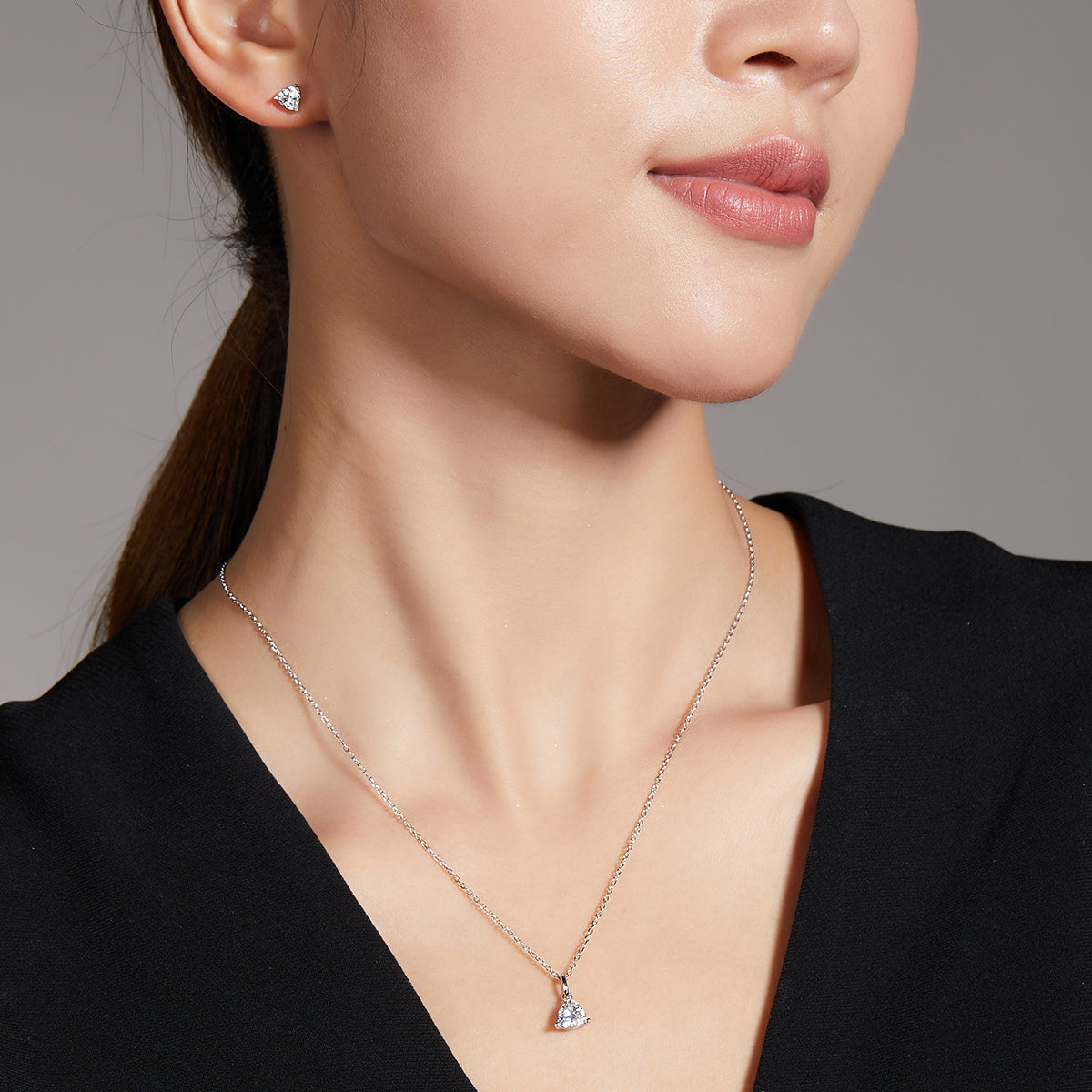 Trillion Cut Moissanite Classic Pendant & Stud Earrings Set in White Gold Plated Sterling Silver#13