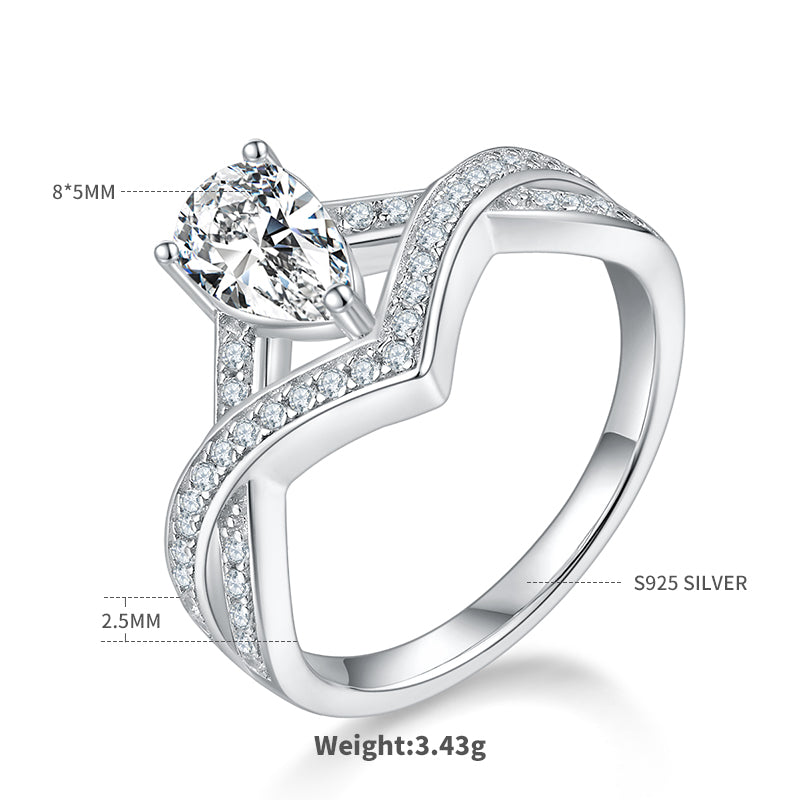 1.0 CT D Color Colored Moissanite V-Shaped Lock of Love Pear Ring in White Gold Plated Sterling Silver#5