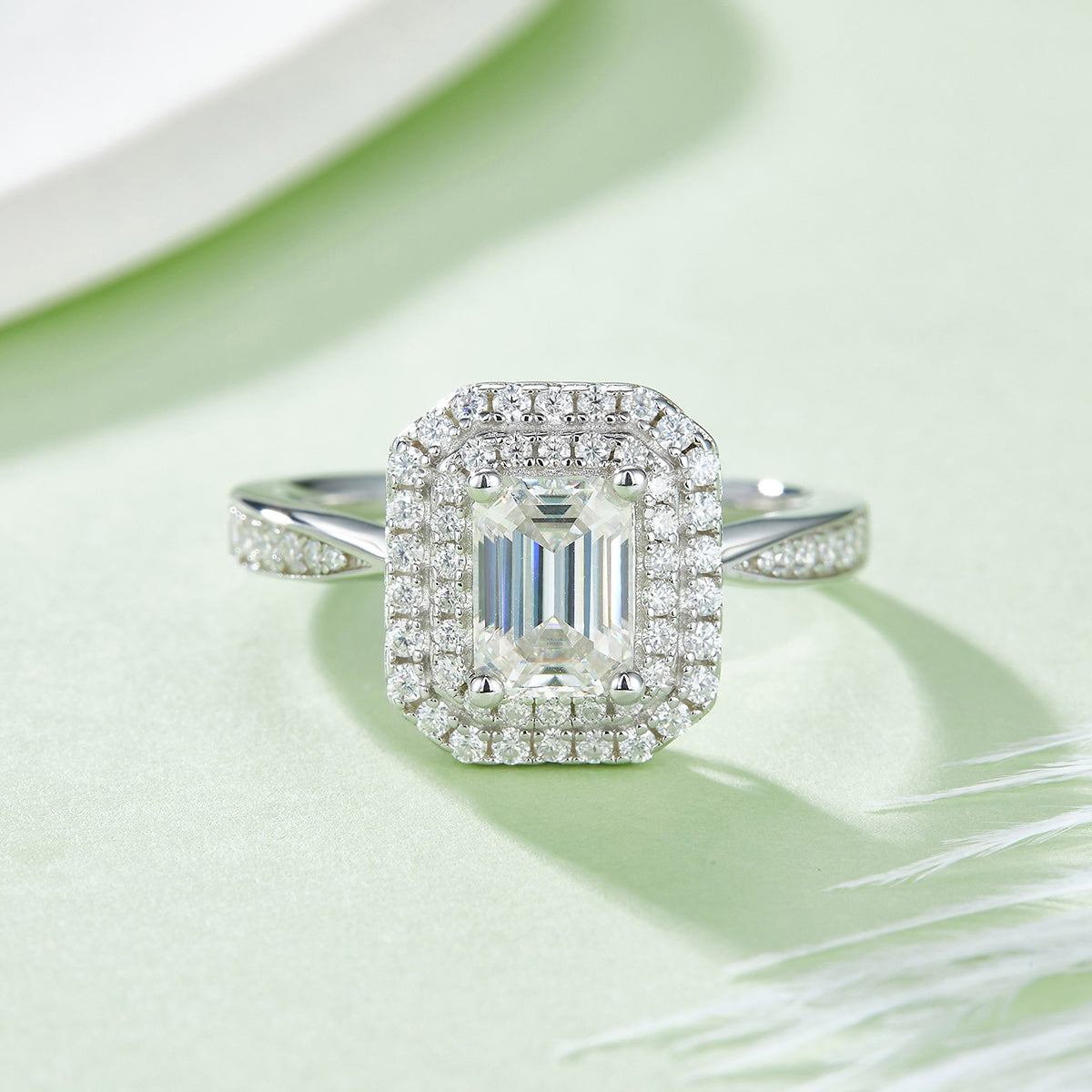 1.0 CT D Color Emerald Cut Moissanite Halo Ring in White Gold Plated Sterling Silver#5