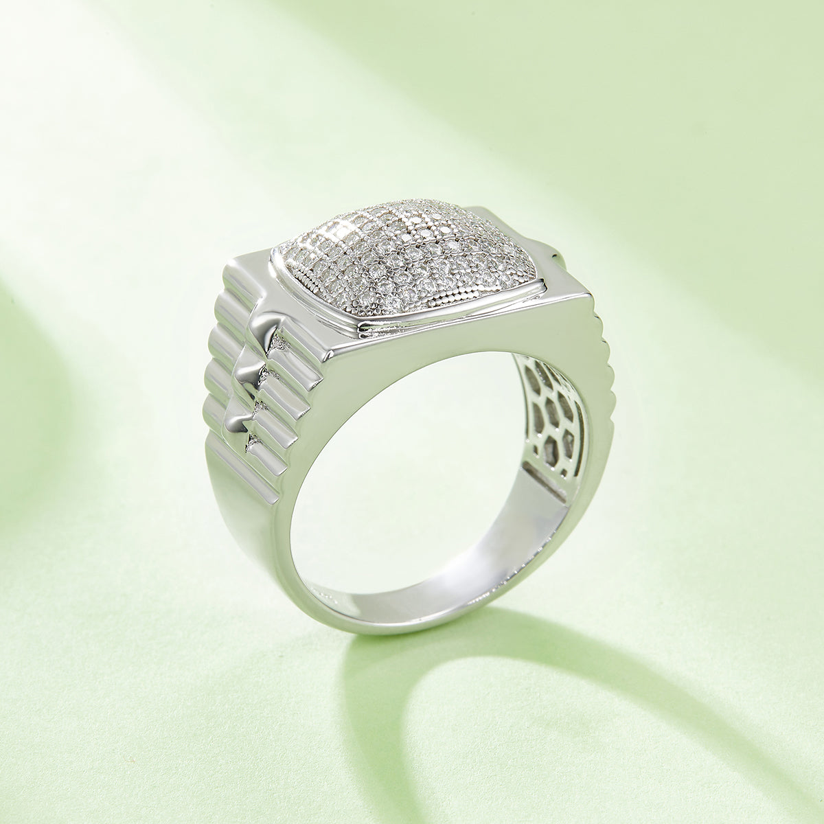 0.7 CT D Color Moissanite Melee Halo Men's Band in White Gold Plated Sterling Silver#4