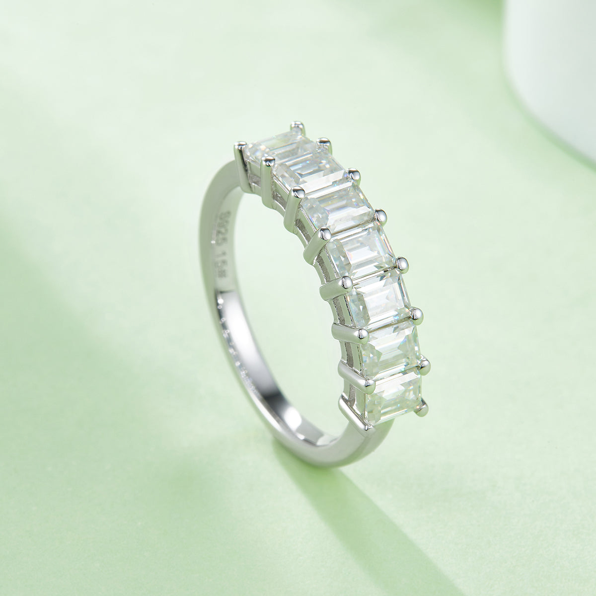 2.1 CT D Color Emerald Cut Moissanite Eternity Band in White Gold Plated Sterling Silver#5