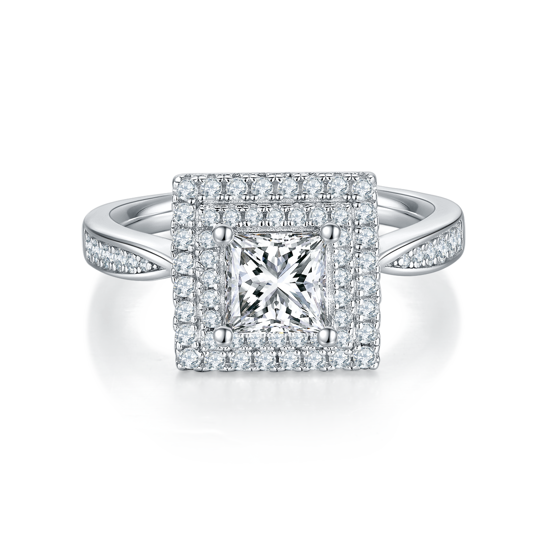 1.0 CT D Color Princess Cut Moissanite Halo Ring in White Gold Plated Sterling Silver#7