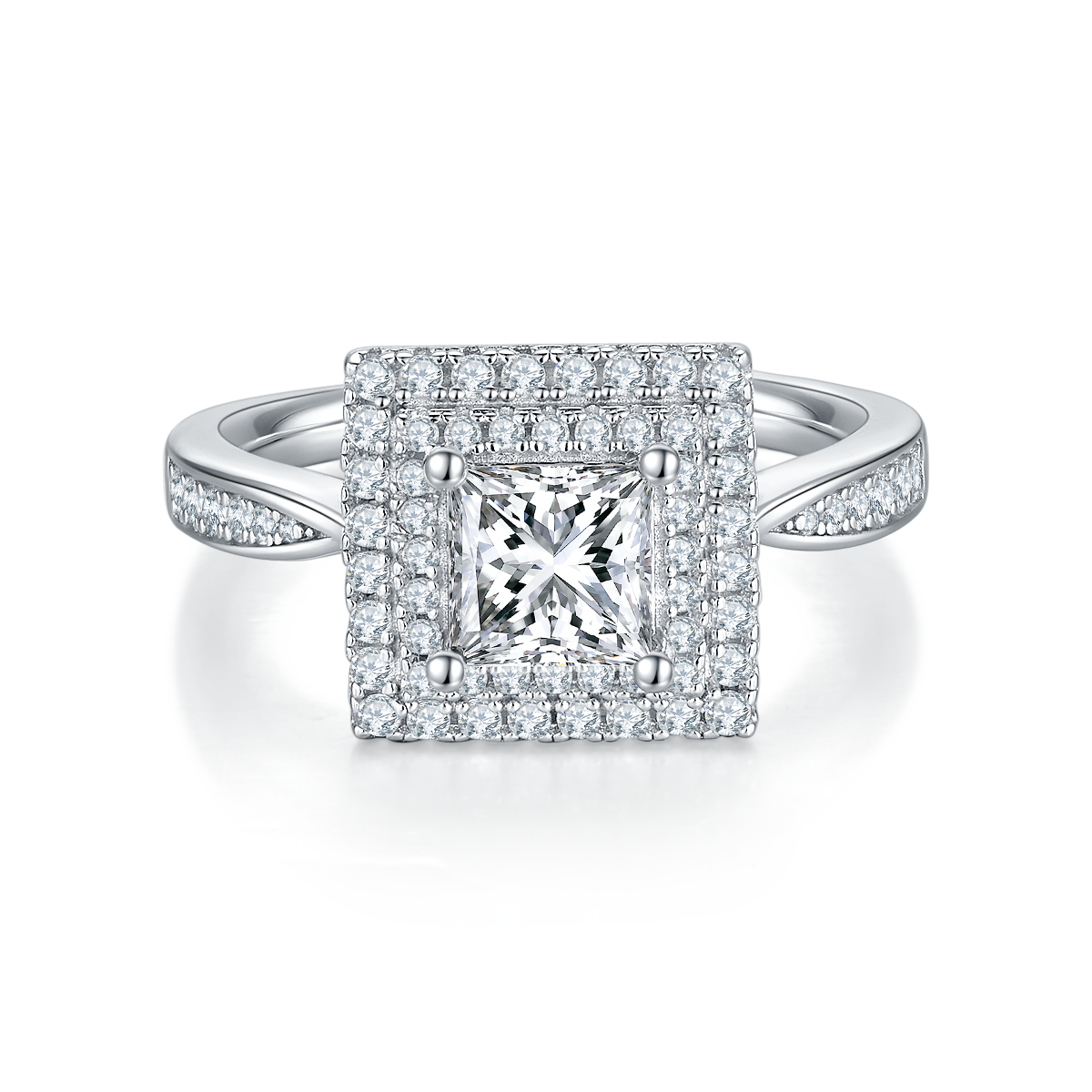 1.0 CT D Color Princess Cut Moissanite Halo Ring in White Gold Plated Sterling Silver#7
