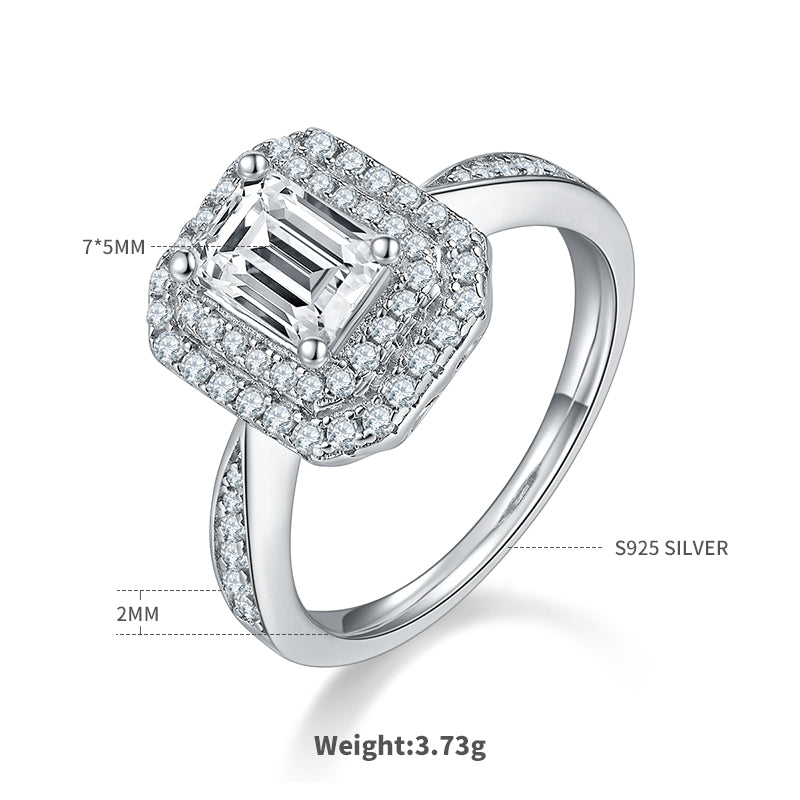 1.0 CT D Color Emerald Cut Moissanite Halo Ring in White Gold Plated Sterling Silver#1