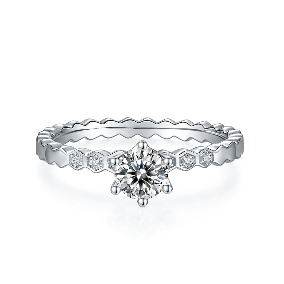 0.5 CT D Color Moissanite Honeycomb Straight Shank Ring in White Gold Plated Sterling Silver#5