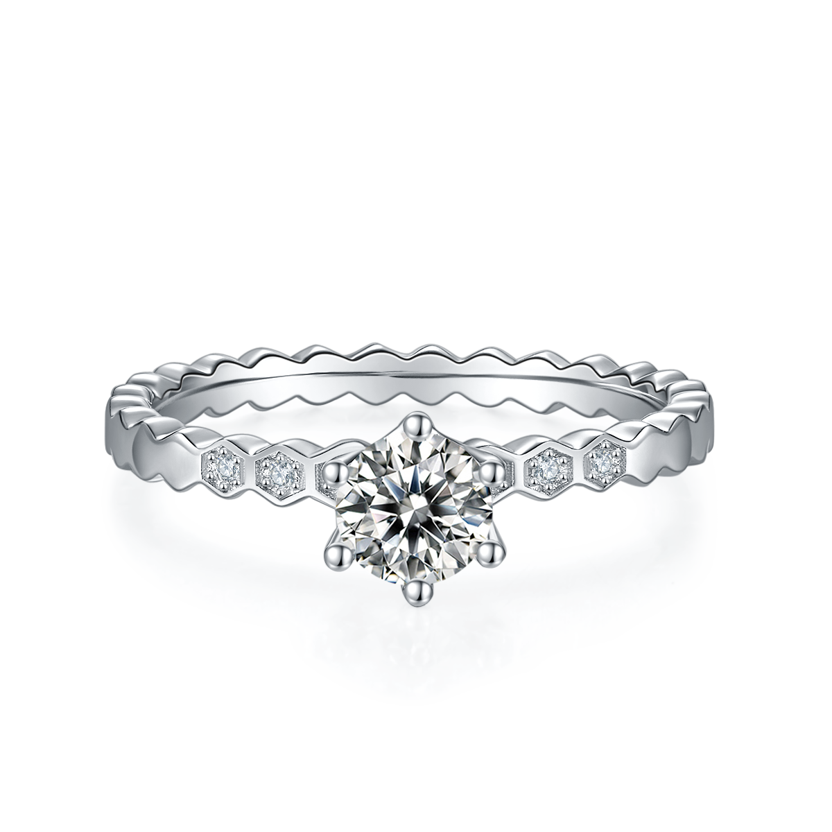 0.5 CT D Color Moissanite Honeycomb Straight Shank Ring in White Gold Plated Sterling Silver#5
