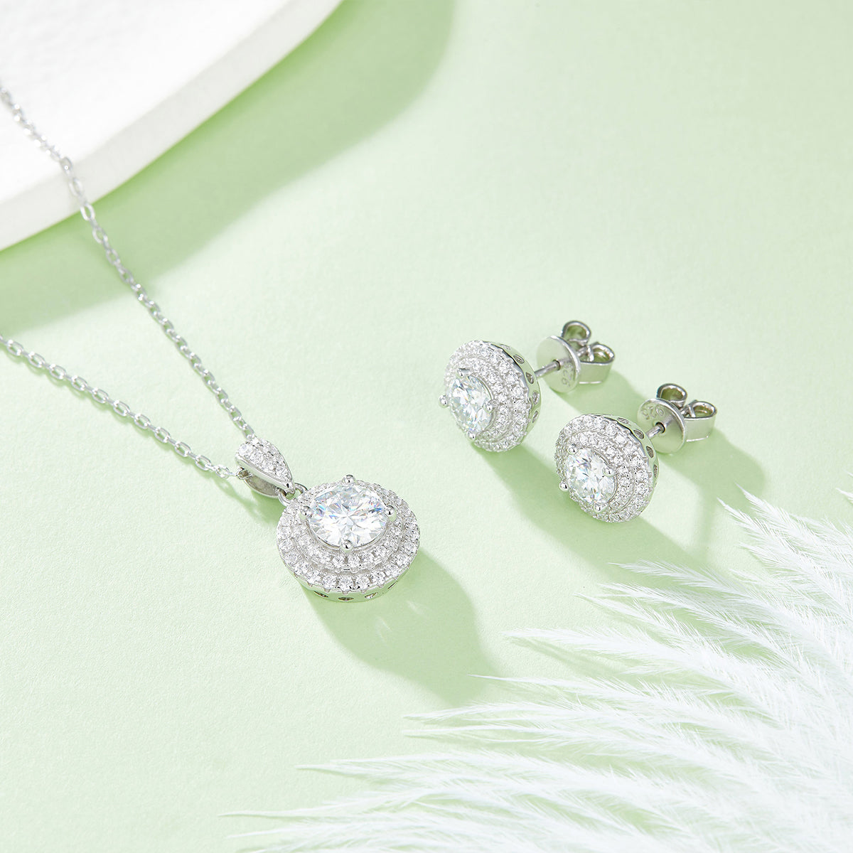 Round Cut Moissanite Halo Pendant & Stud Earrings Set in White Gold Plated Sterling Silver#9