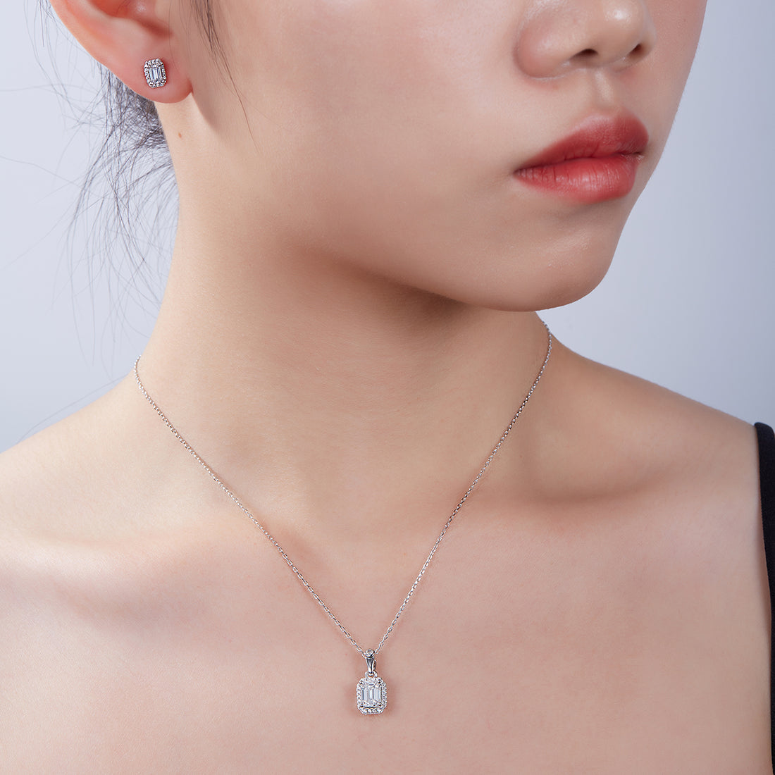 Emerald Cut Moissanite Dainty Pendant & Stud Earrings Set in White Gold Plated Sterling Silver#4