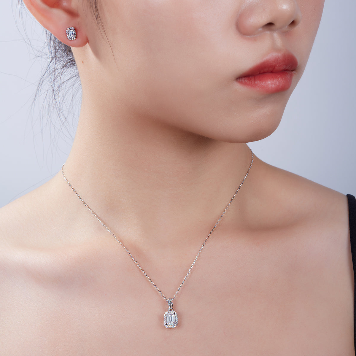 Emerald Cut Moissanite Dainty Pendant & Stud Earrings Set in White Gold Plated Sterling Silver#10