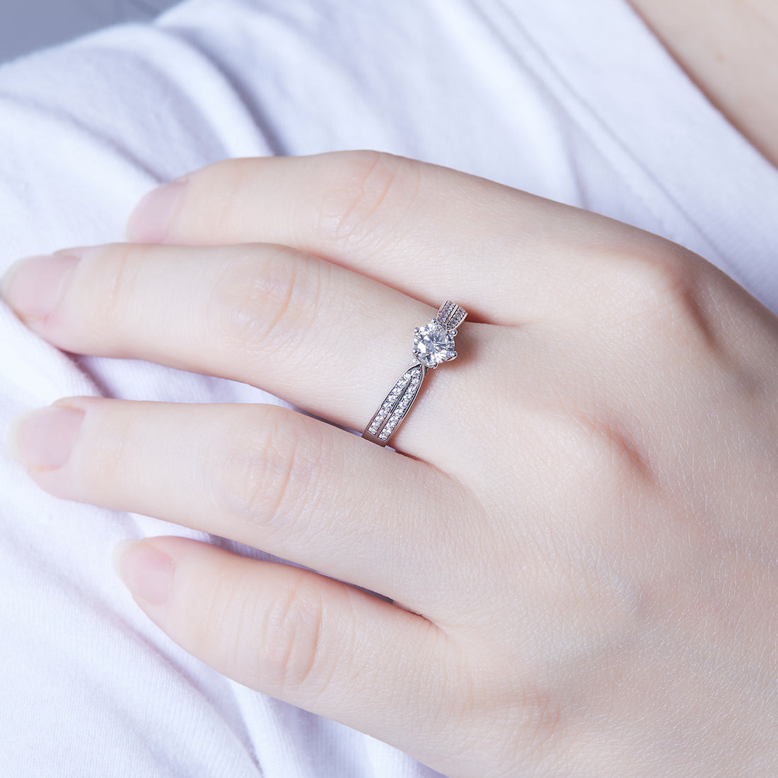 0.5 CT D Color Moissanite Star Queen Halo Ring in White Gold Plated Sterling Silver#5