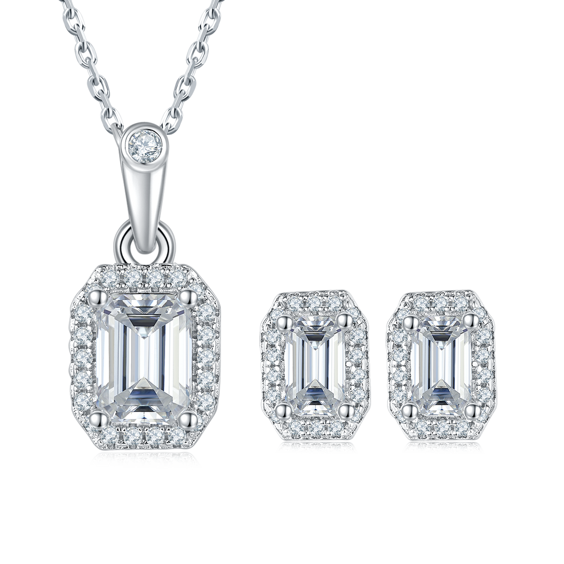 Emerald Cut Moissanite Dainty Pendant & Stud Earrings Set in White Gold Plated Sterling Silver#4