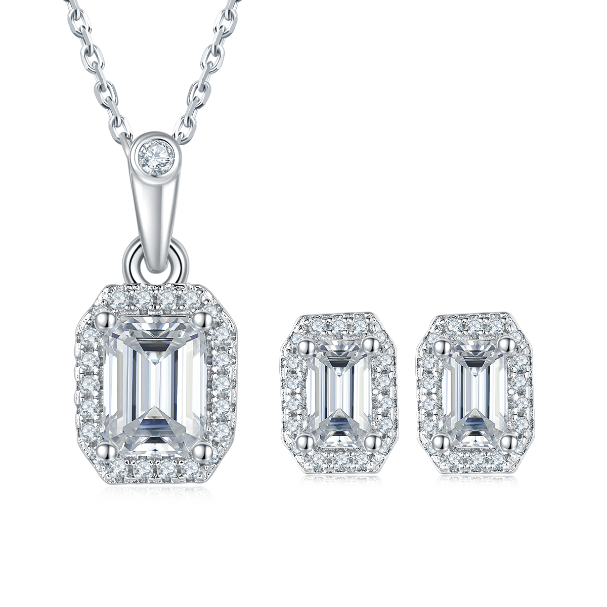 Emerald Cut Moissanite Dainty Pendant & Stud Earrings Set in White Gold Plated Sterling Silver#4