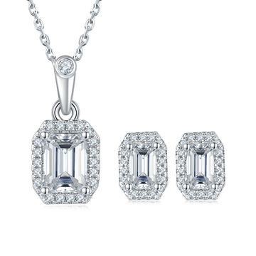 Emerald Cut Moissanite Dainty Pendant & Stud Earrings Set in White Gold Plated Sterling Silver#4