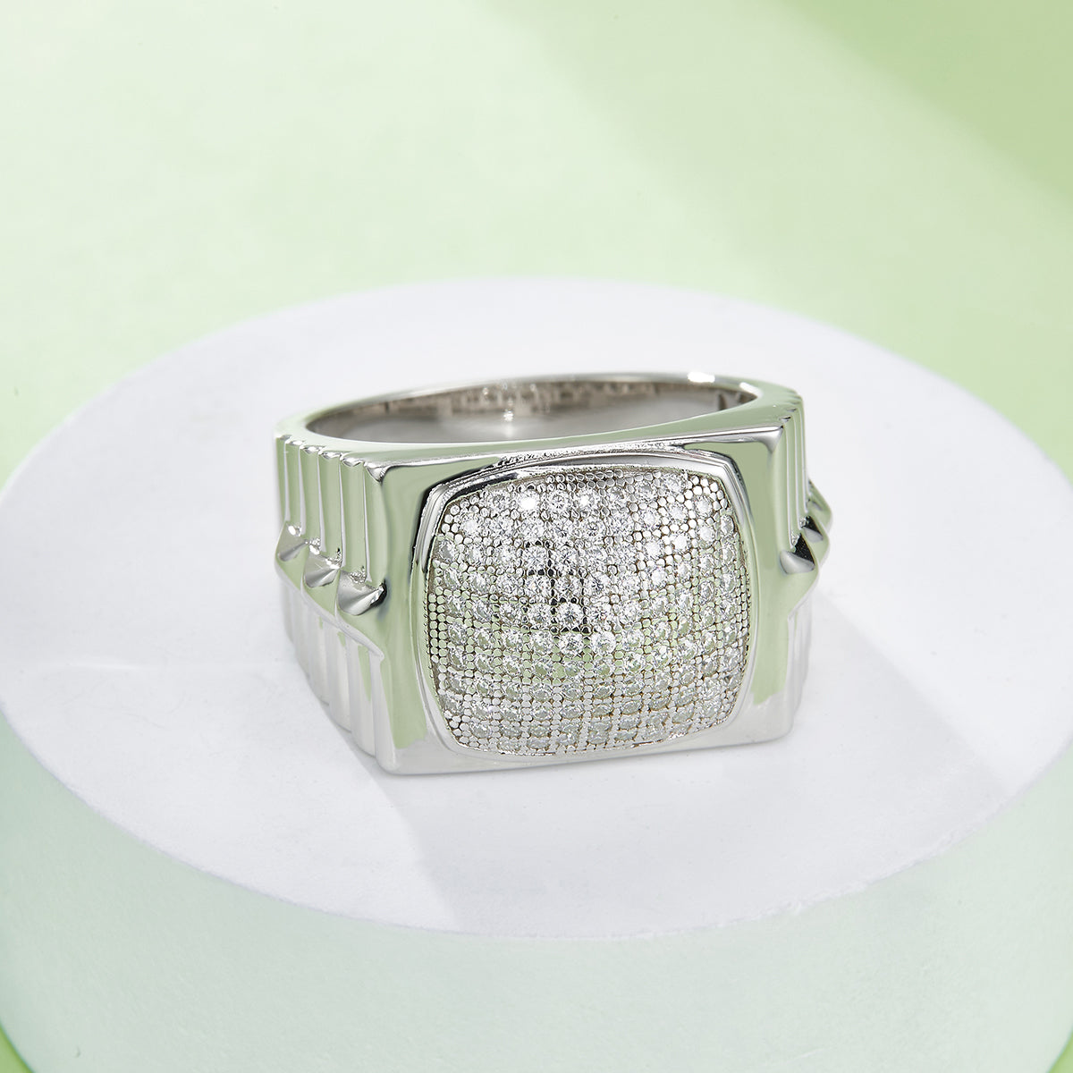 0.7 CT D Color Moissanite Melee Halo Men's Band in White Gold Plated Sterling Silver#5