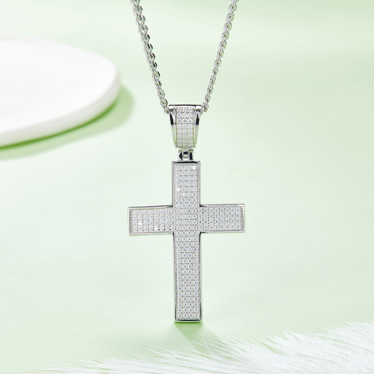 D Color Moissanite Melee Classic Halo Cross Pendant in Sterling Silver#5