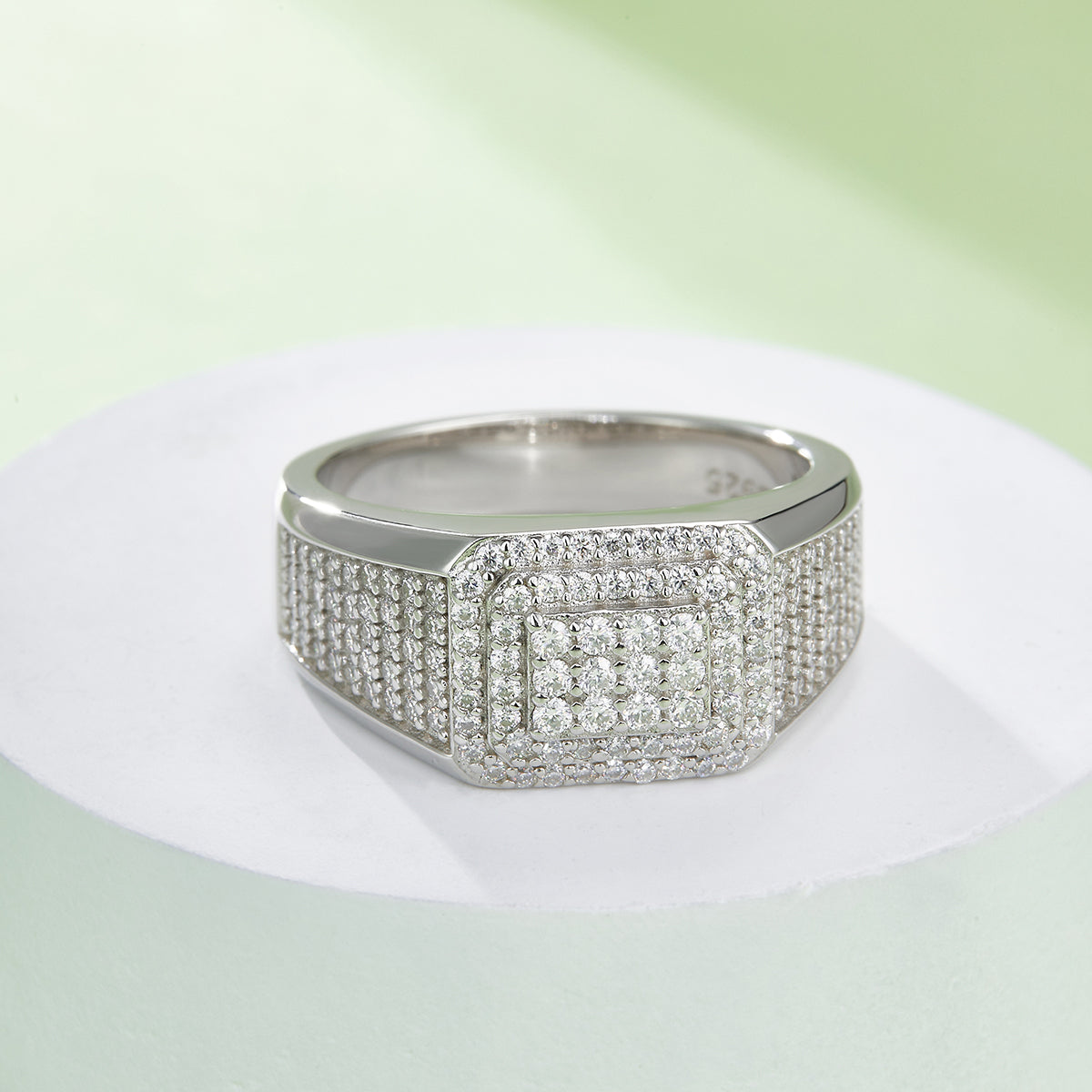 0.84 CT D Color Moissanite Melee Halo Men's Band in White Gold Plated Sterling Silver#5