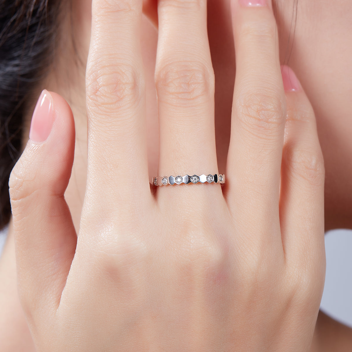 0.2 CT D Color Moissanite Melee Honeycomb Ring in White Gold Plated Sterling Silver#7