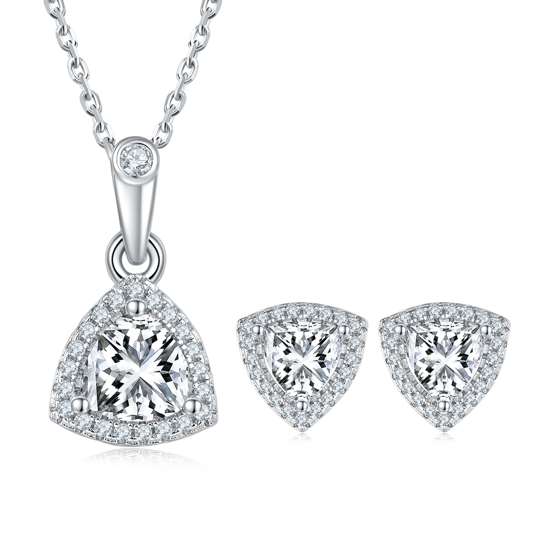 Trillion Cut Moissanite Dainty Pendant & Stud Earrings Set in White Gold Plated Sterling Silver#4