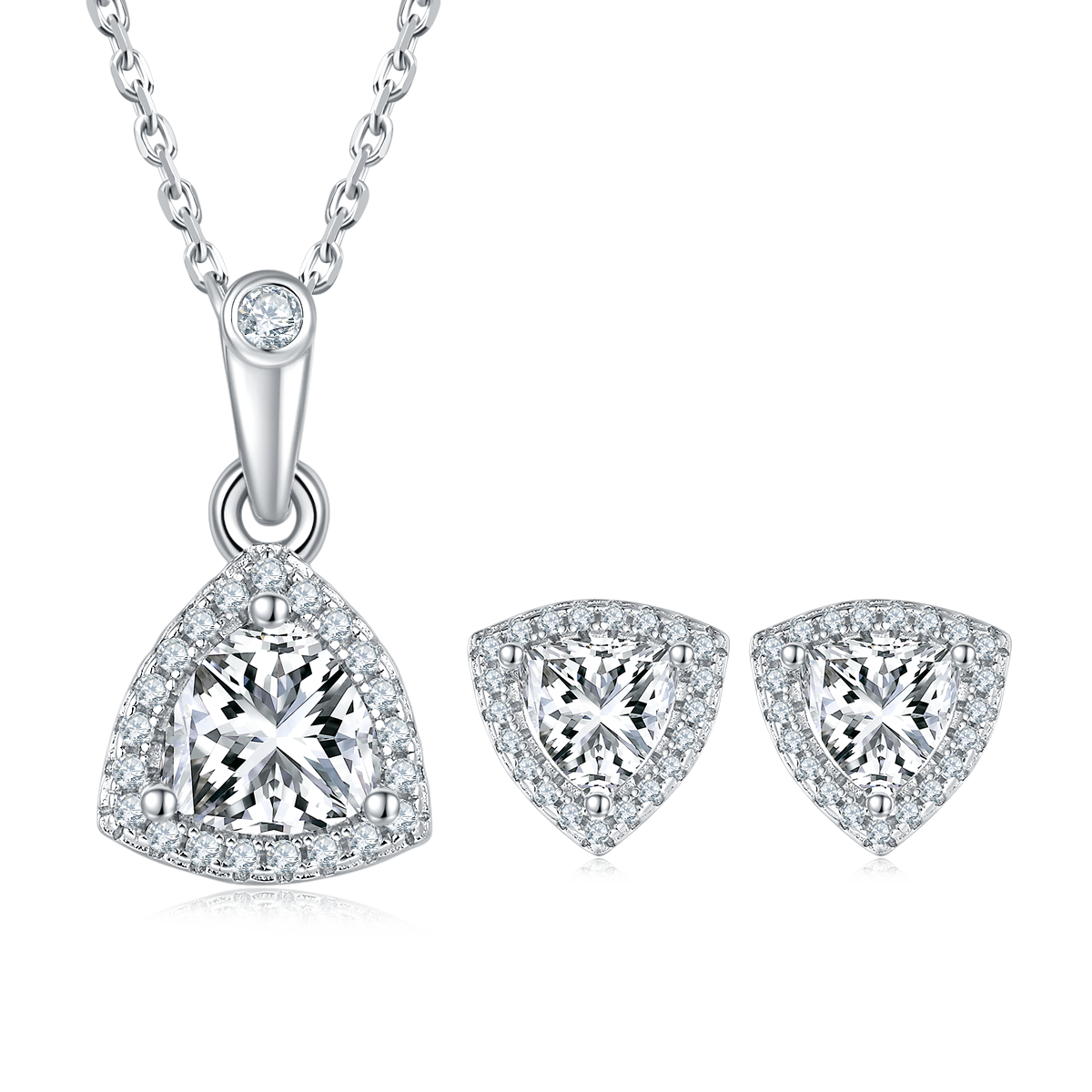 Trillion Cut Moissanite Dainty Pendant & Stud Earrings Set in White Gold Plated Sterling Silver#4