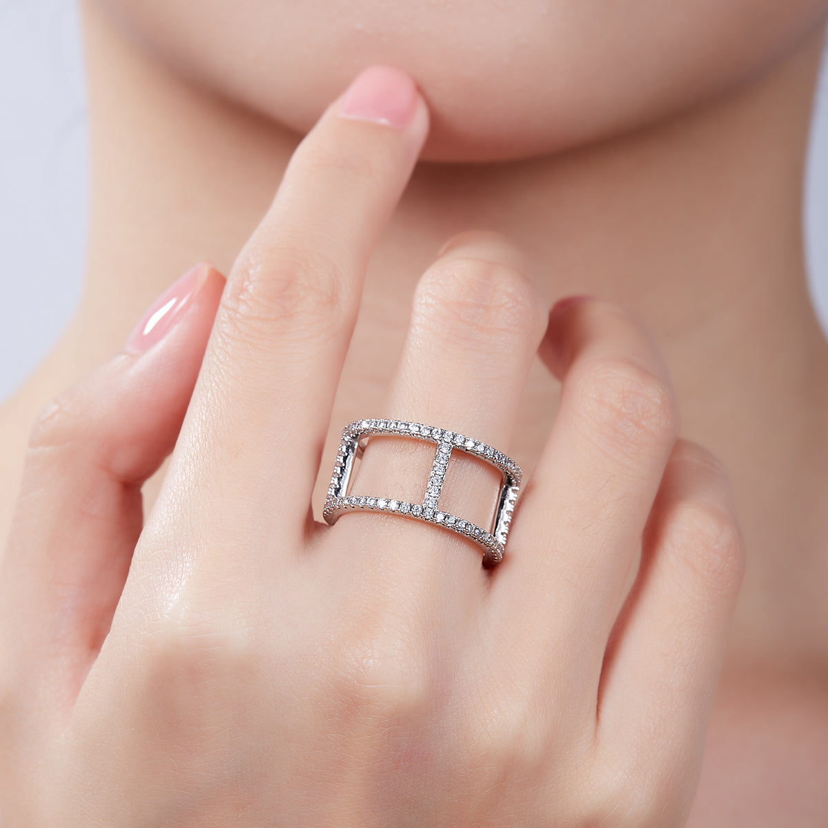 H-Shaped Moissanite Melee Ring Guard in White Gold Plated Sterling Silver#8
