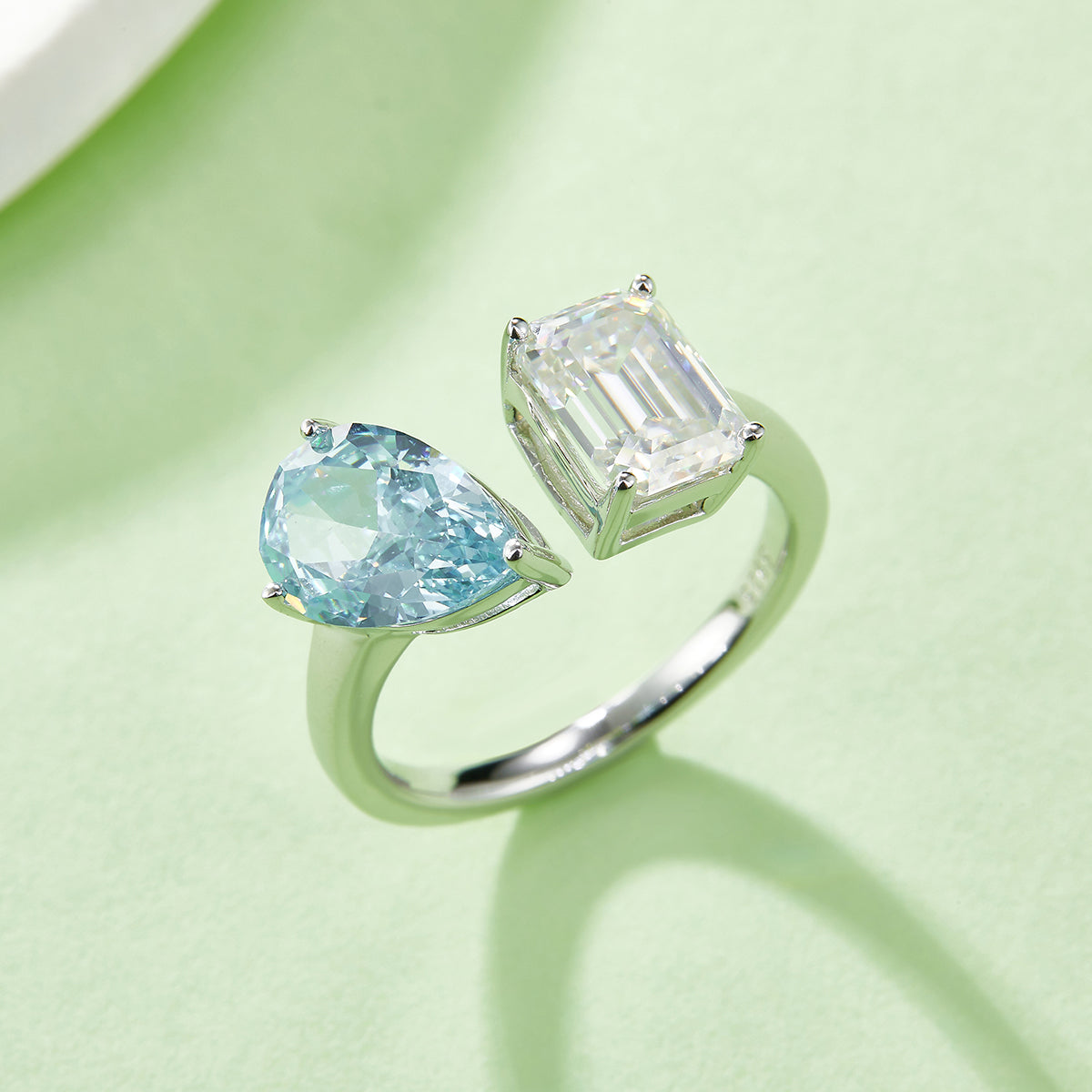 2.0 CT D Color Pear Crushed Ice and Emerald Cut Moissanite Ring in White Gold Plated Sterling Silver#10