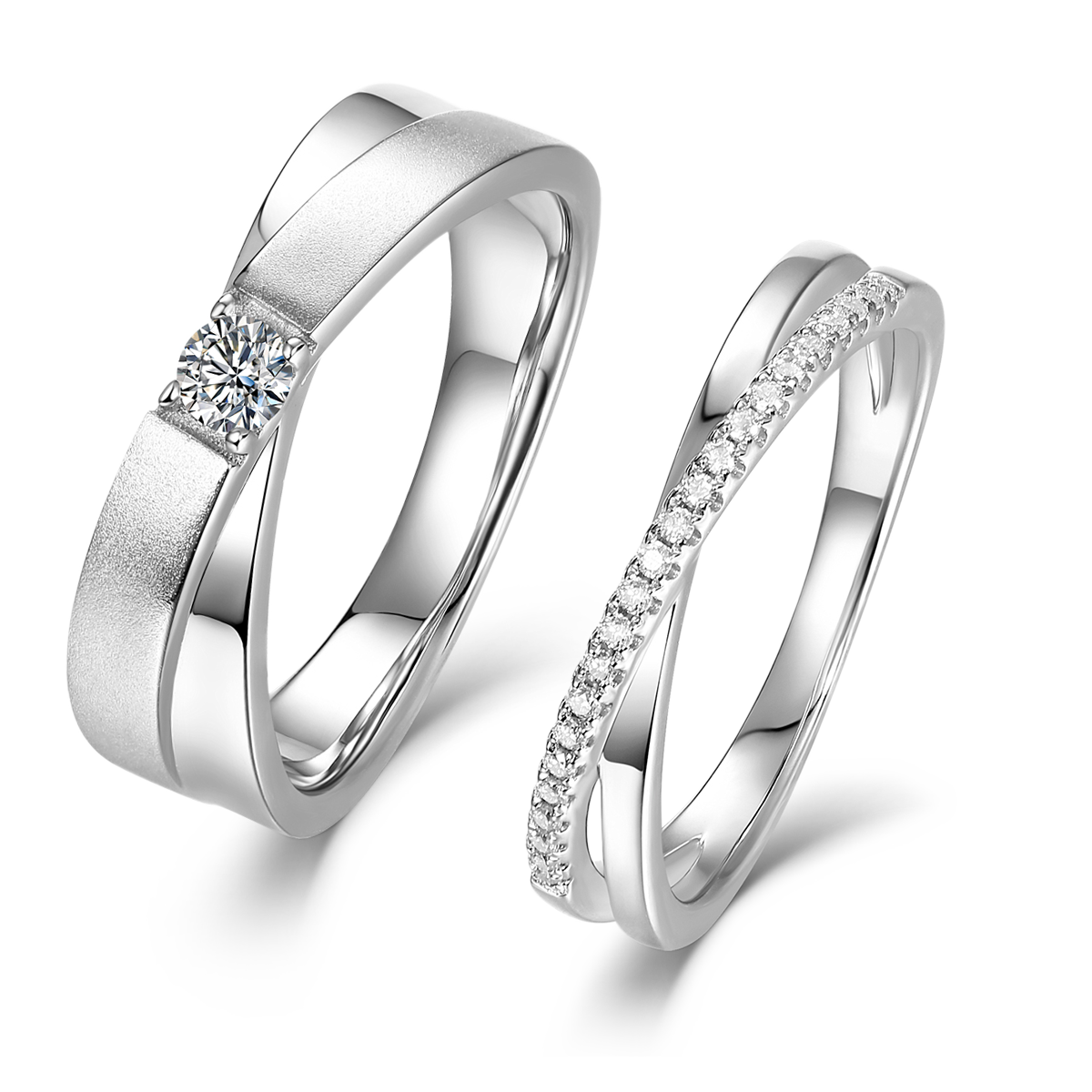 0.2 CT D Color Moissanite Criss-Cross Couple's Band (Men's) in White Gold Plated Sterling Silver#1