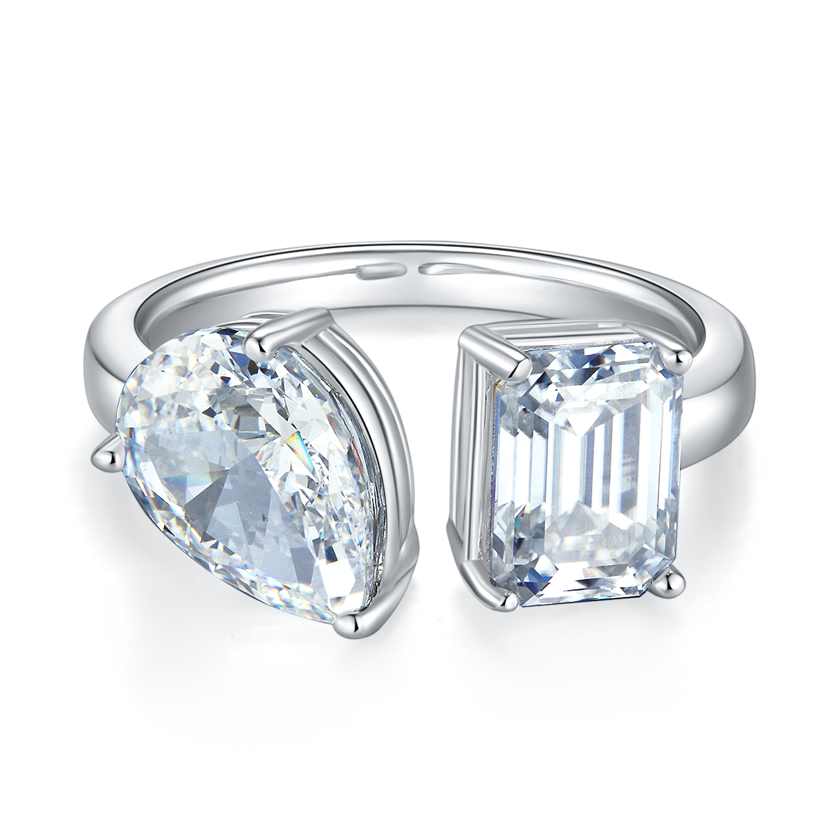 2.0 CT D Color Pear Crushed Ice and Emerald Cut Moissanite Ring in White Gold Plated Sterling Silver#6