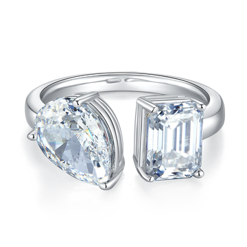 2.0 CT D Color Pear Crushed Ice and Emerald Cut Moissanite Ring in White Gold Plated Sterling Silver#6