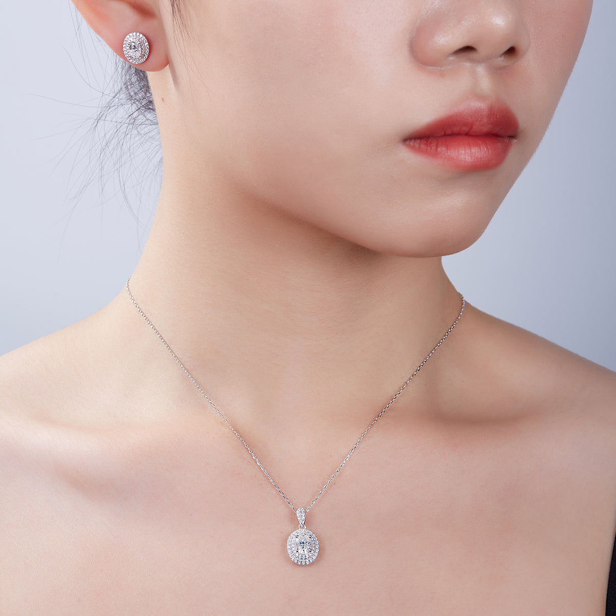 Oval Cut Moissanite Halo Pendant & Stud Earrings Set in White Gold Plated Sterling Silver#10