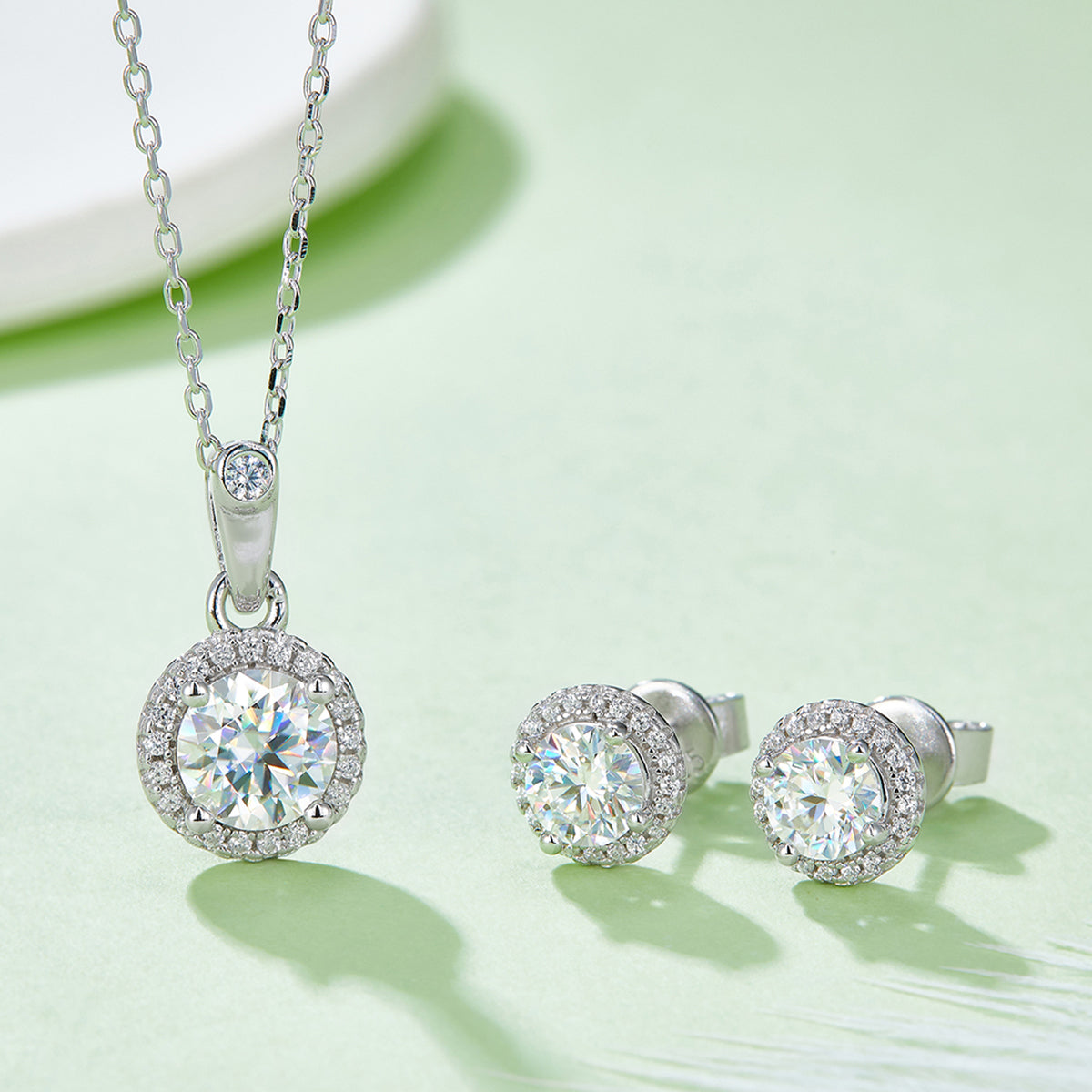 Round Cut Moissanite Dainty Pendant & Stud Earrings Set in White Gold Plated Sterling Silver#7