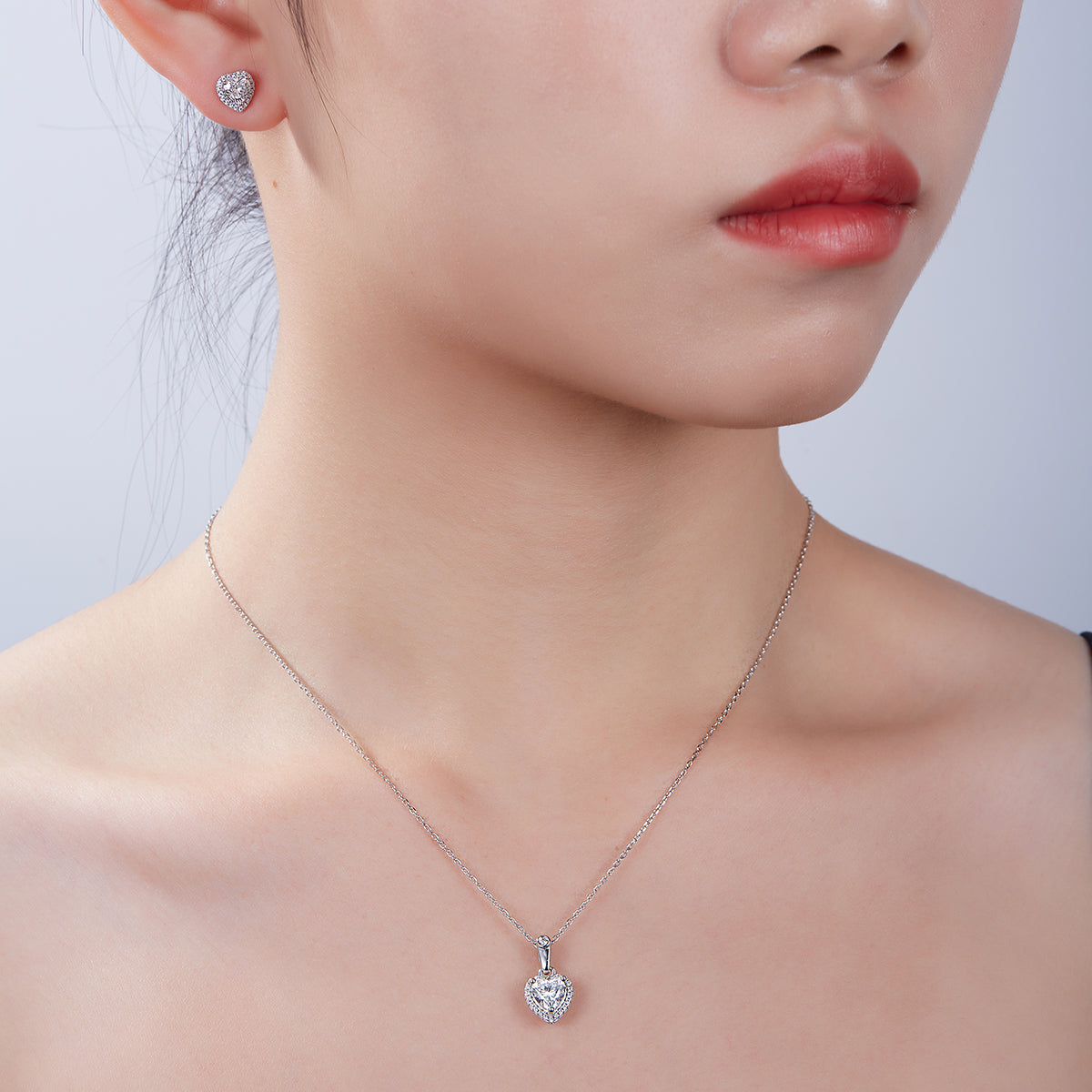Heart Cut Moissanite Dainty Pendant & Stud Earrings Set in White Gold Plated Sterling Silver#10