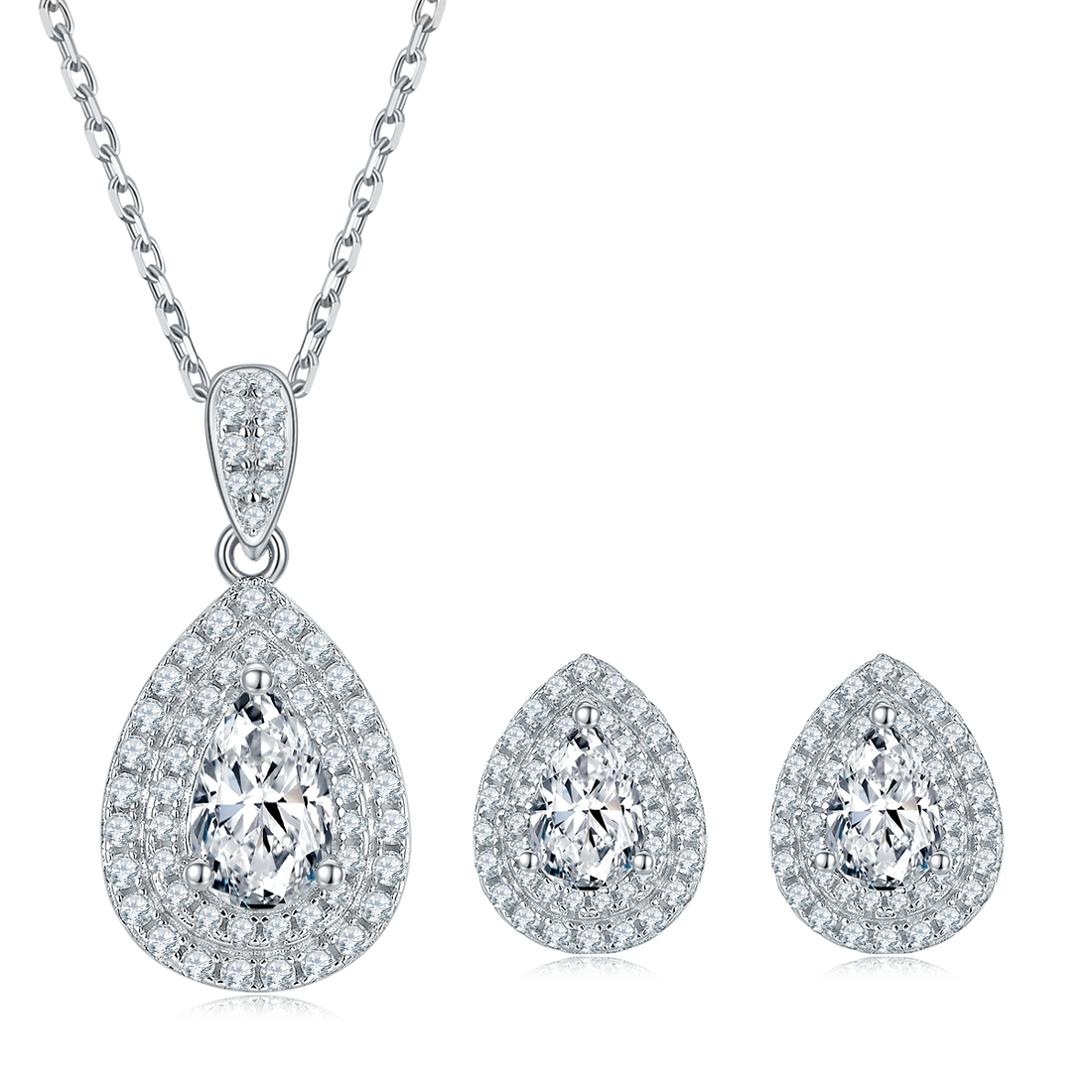 Pear Cut Moissanite Halo Pendant & Stud Earrings Set in White Gold Plated Sterling Silver#4