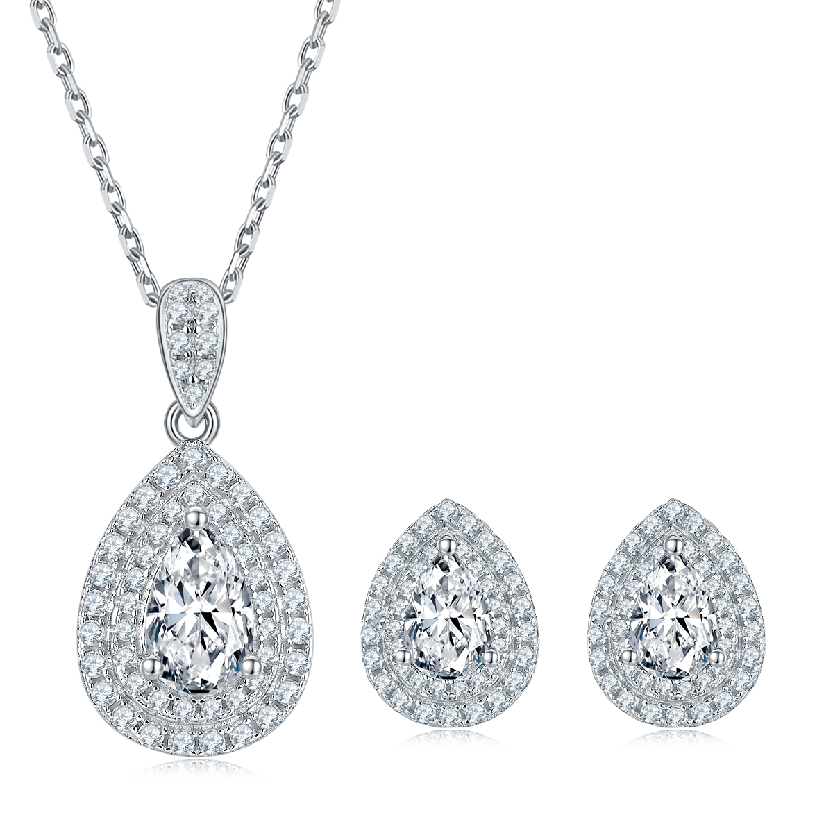 Pear Cut Moissanite Halo Pendant & Stud Earrings Set in White Gold Plated Sterling Silver#4