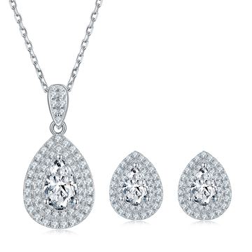 Pear Cut Moissanite Halo Pendant & Stud Earrings Set in White Gold Plated Sterling Silver#4