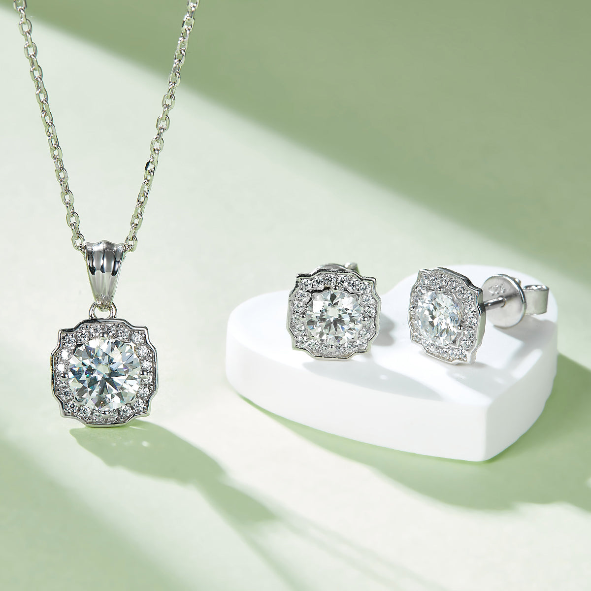 Moissanite Luxury Halo Fashion Pendant & Stud Earrings Set in White Gold Plated Sterling Silver#7