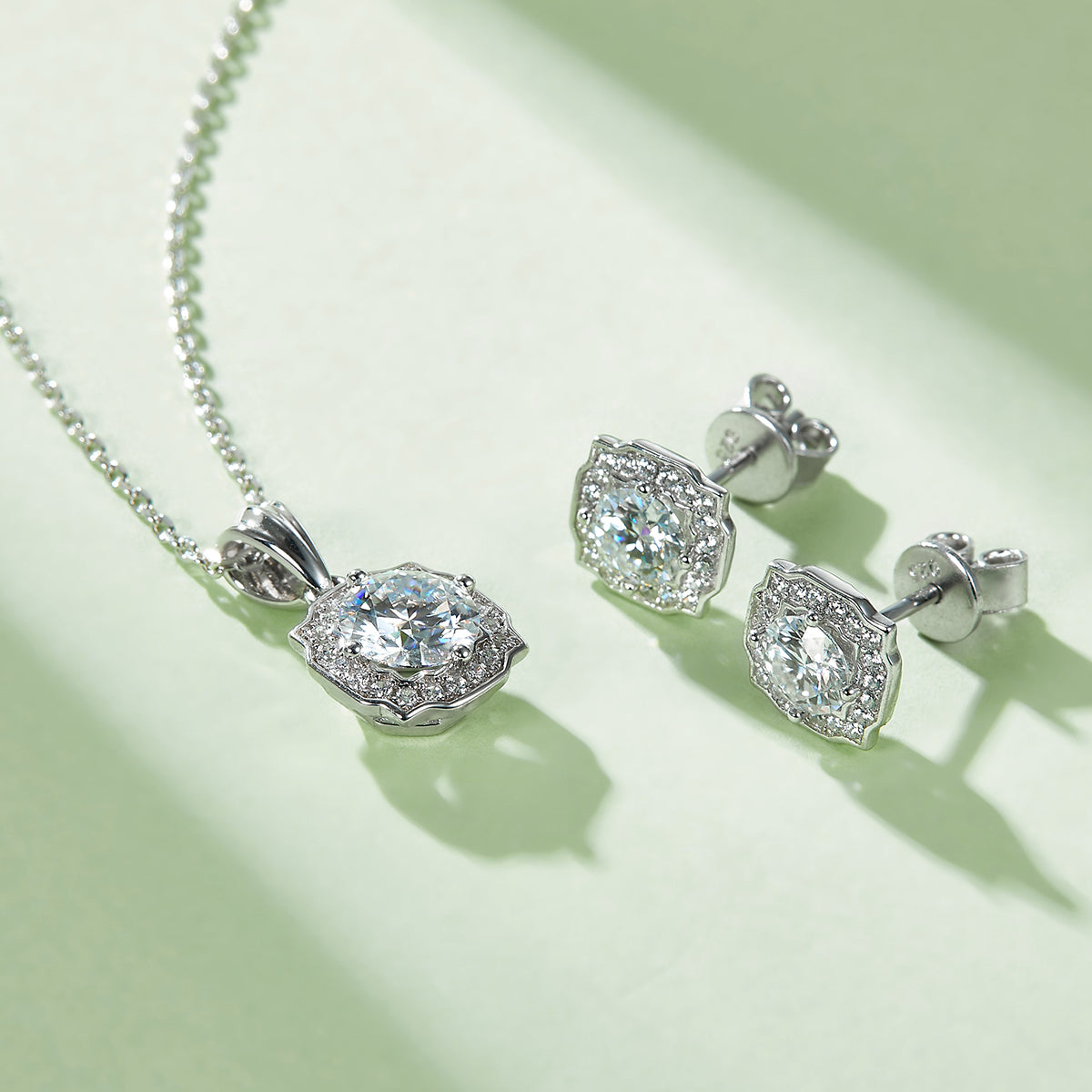 Moissanite Luxury Halo Fashion Pendant & Stud Earrings Set in White Gold Plated Sterling Silver#8