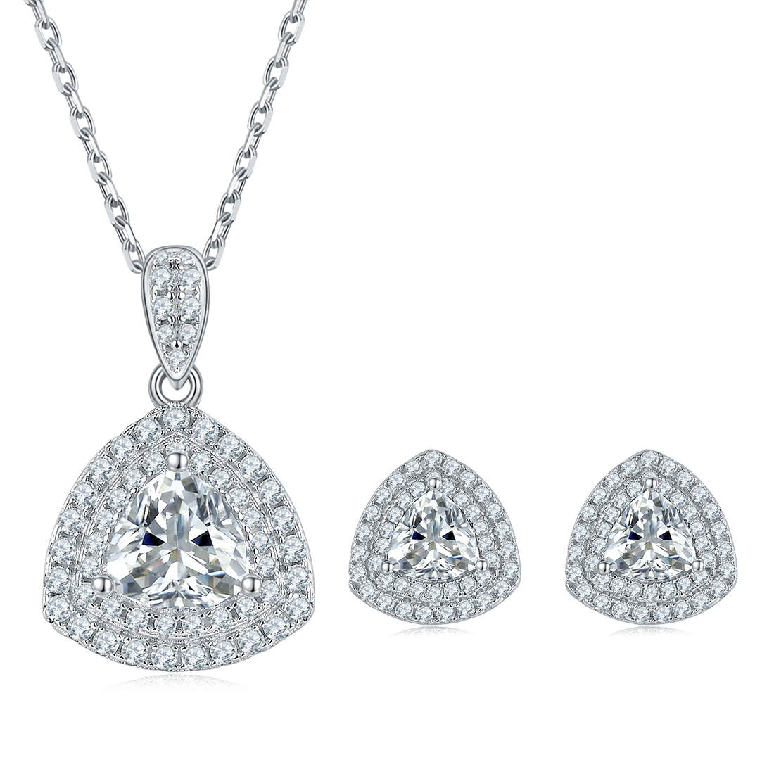 Trillion Cut Moissanite Halo Pendant & Stud Earrings Set in White Gold Plated Sterling Silver#4