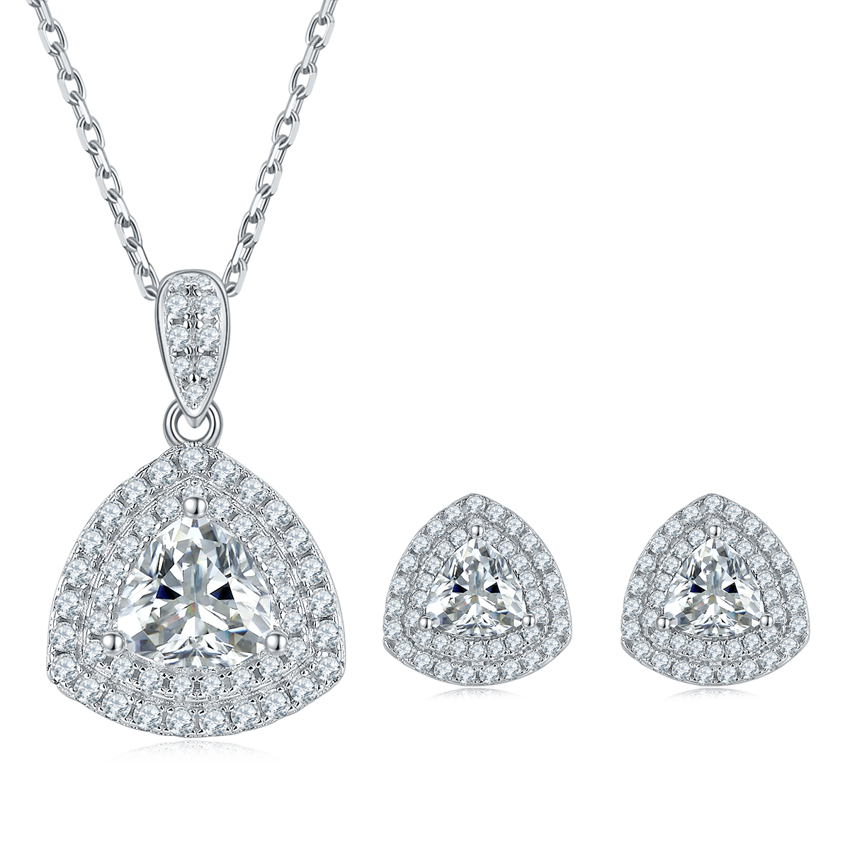 Trillion Cut Moissanite Halo Pendant & Stud Earrings Set in White Gold Plated Sterling Silver#4