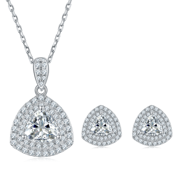 Trillion Cut Moissanite Halo Pendant & Stud Earrings Set in White Gold Plated Sterling Silver#4