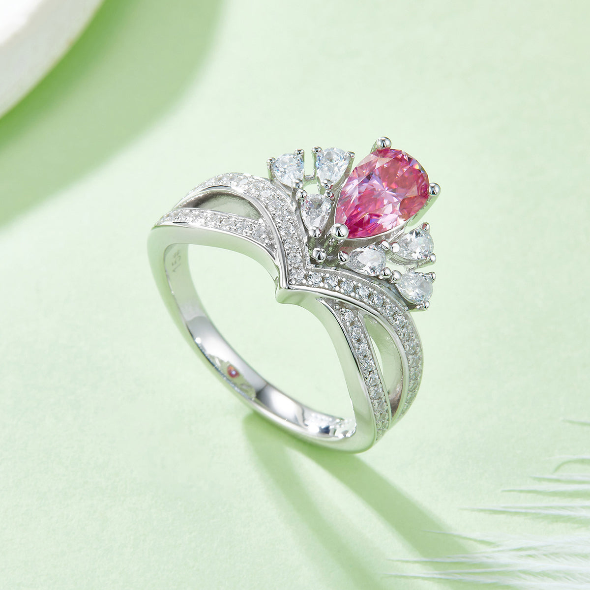 1.0 CT D Color Colored Moissanite V-Shaped Elegant Pear Drop Ring in White Gold Plated Sterling Silver#8