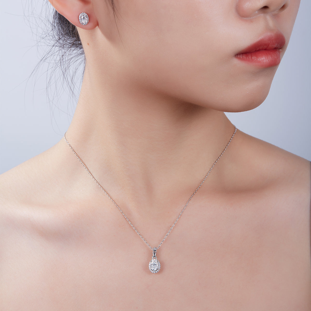 Oval Cut Moissanite Dainty Pendant & Stud Earrings Set in White Gold Plated Sterling Silver#10