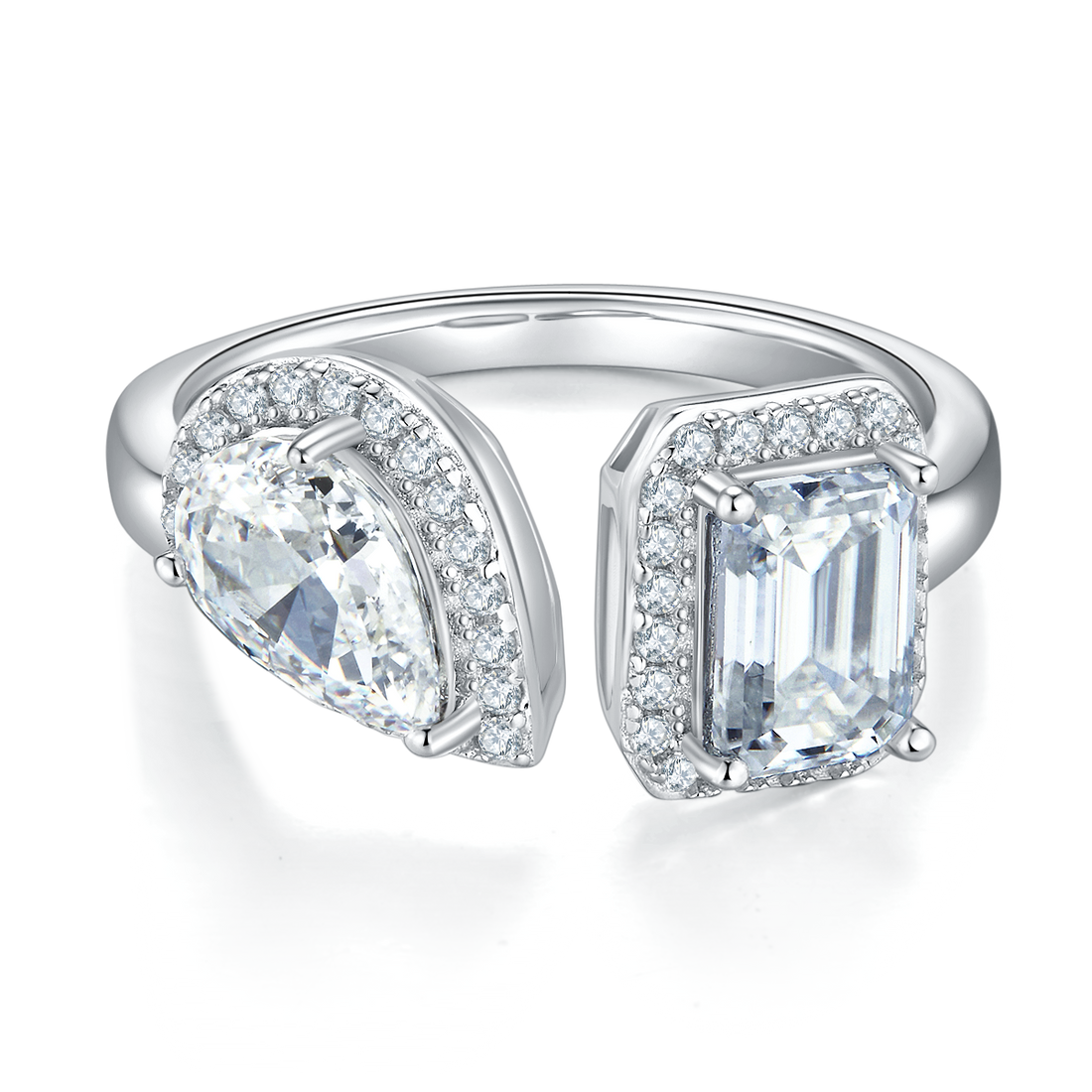 1.0 CT D Color Pear Crushed Ice and Emerald Cut Moissanite Ring in White Gold Plated Sterling Silver#6