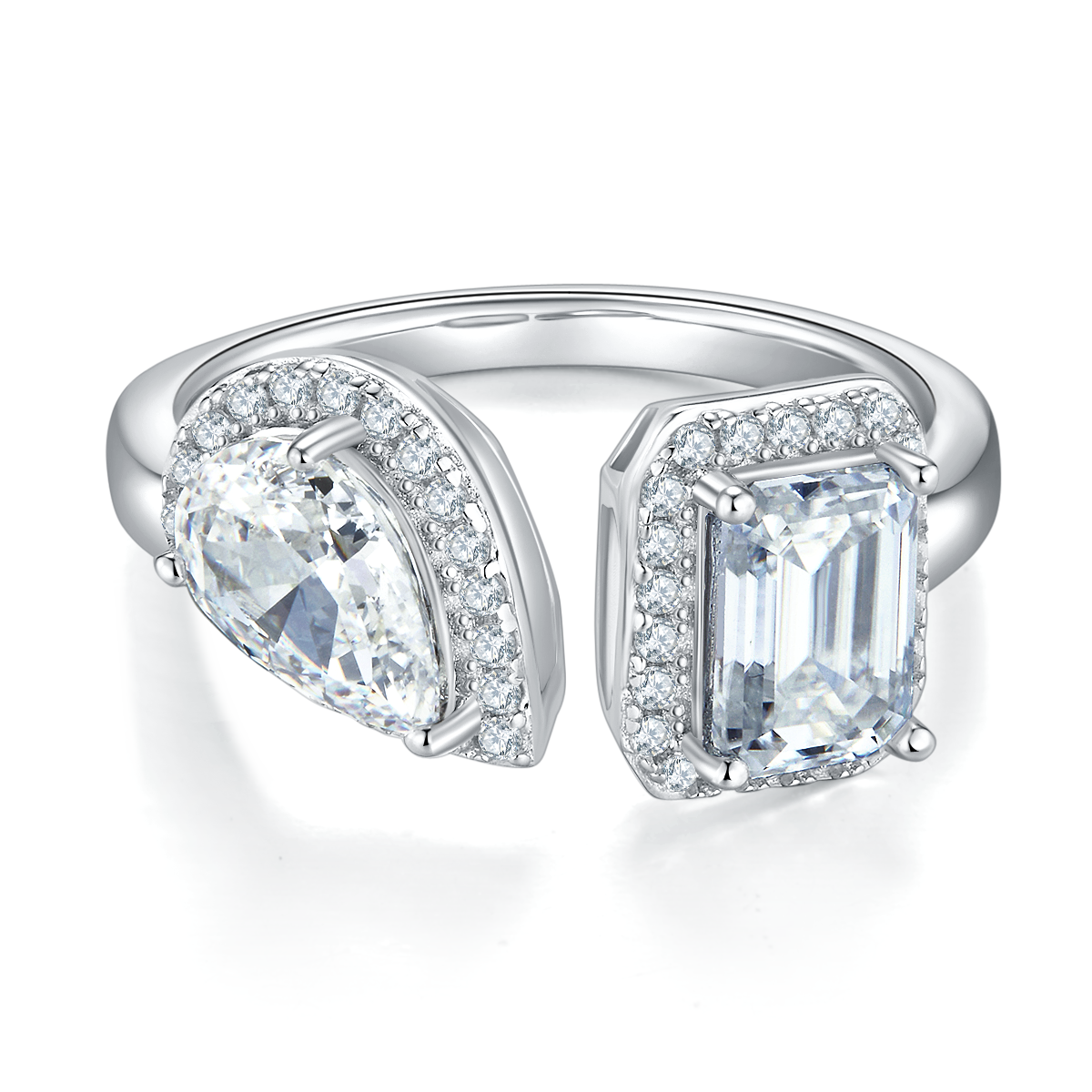 1.0 CT D Color Pear Crushed Ice and Emerald Cut Moissanite Ring in White Gold Plated Sterling Silver#6