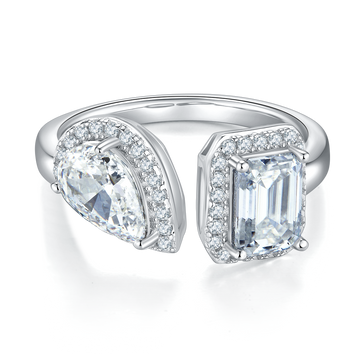 1.0 CT D Color Pear Crushed Ice and Emerald Cut Moissanite Ring in White Gold Plated Sterling Silver#6