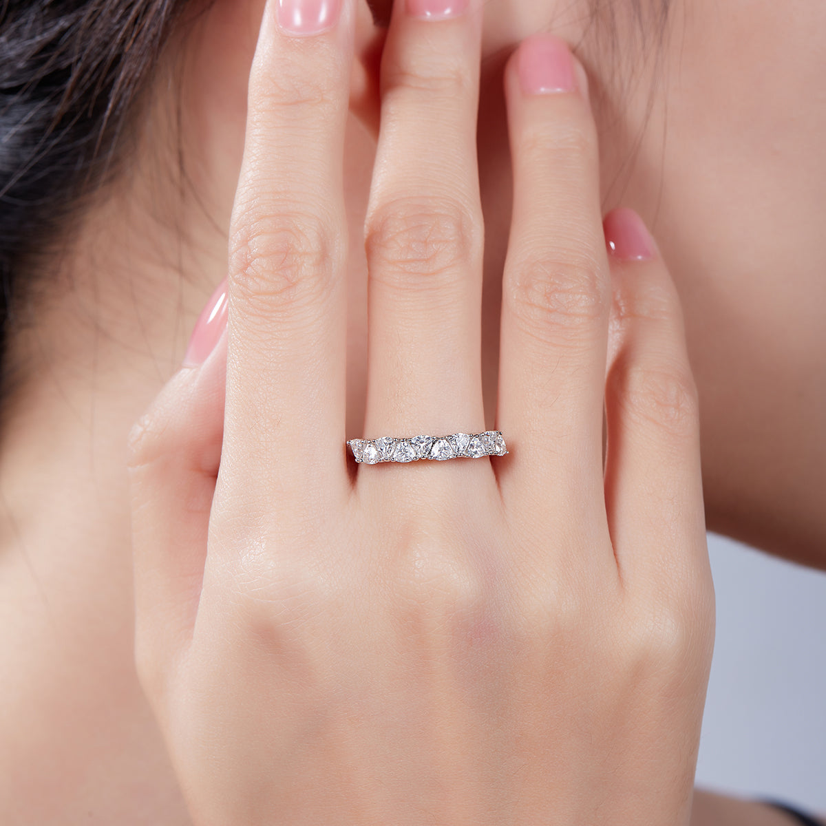 1.0 CT D Color Trillion Cut Moissanite Custom Eternity Band in White Gold Plated Sterling Silver#7